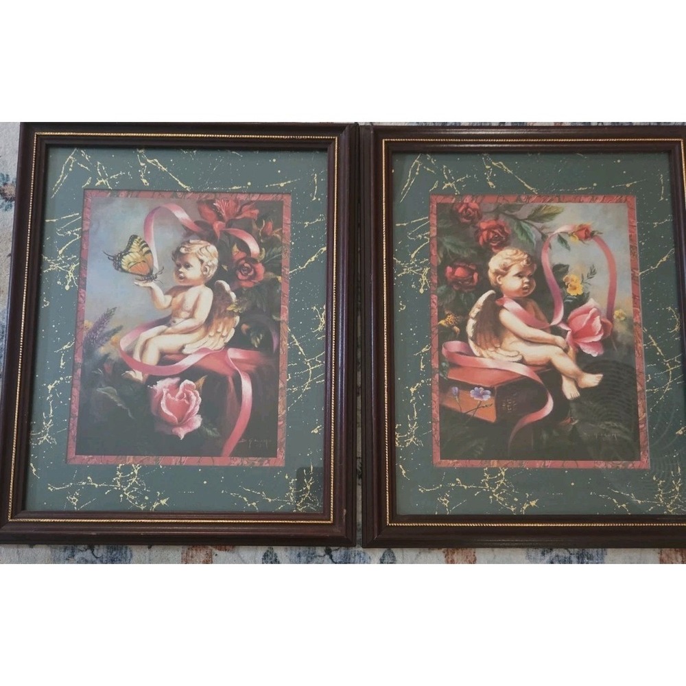 Vintage Home Interiors Pictures Signed D Giacomo Angel Cherub Set 16"x 13"